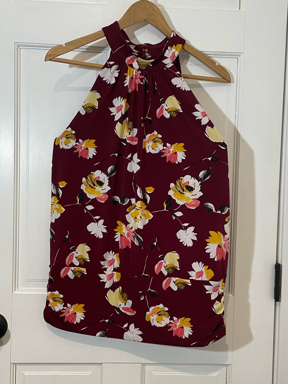 White House Black Market Burgundy Floral Halter Top with Pink Accents Size L